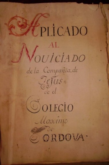 Tapa de un libro devocional anónimo perteneciente al Noviciado de Córdoba que se refiere a la “Carta de esclavitud a la Virgen”.