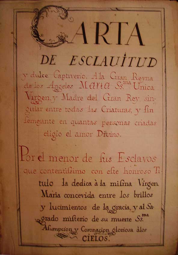 Portada de un libro devocional anónimo perteneciente al Noviciado de Córdoba que se refiere a la “Carta de esclavitud a la Virgen”.