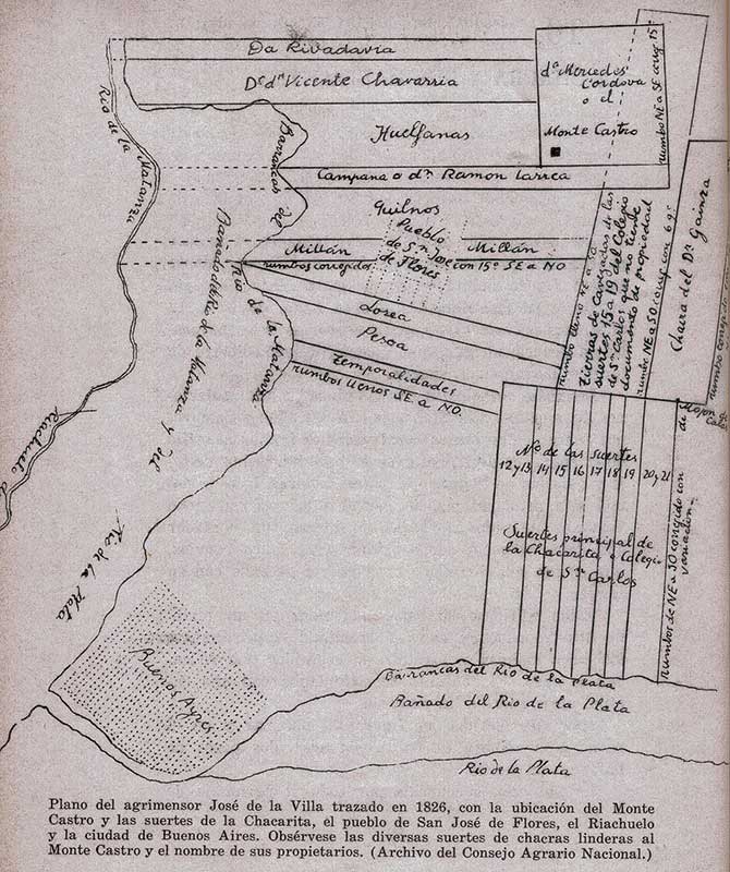 Figura 1: las antiguas suertes y la ubicación relativa del Monte de Castro, ángulo superior derecho. Fuente Arnaldo Cunietti-Ferrando.