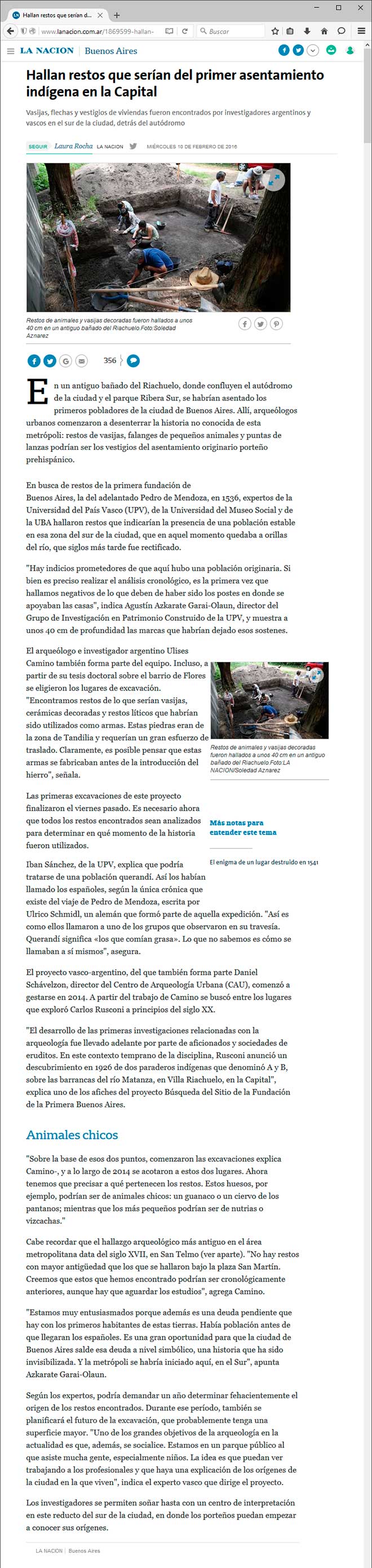 Captura de pantalla del diario La Nación On Line del día 10 de febrero de 2016